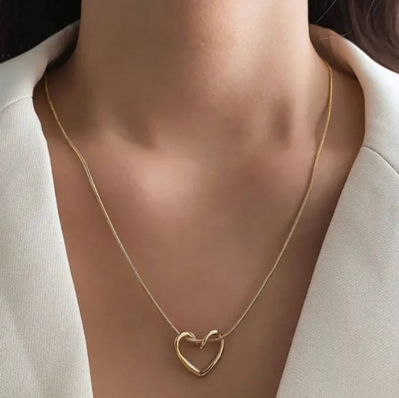 Gold Hollow Heart Pendant Necklace - Picture 2 of 5